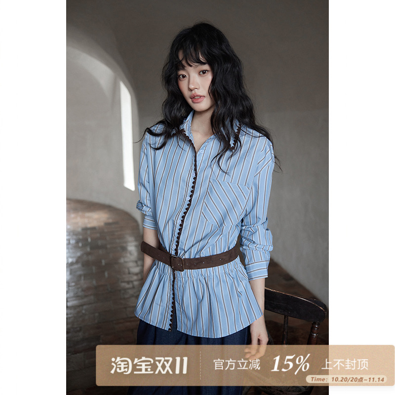 夕蒙2025新款秋法式小资上衣高级感轻奢独特减龄洋气浅蓝条纹衬衫