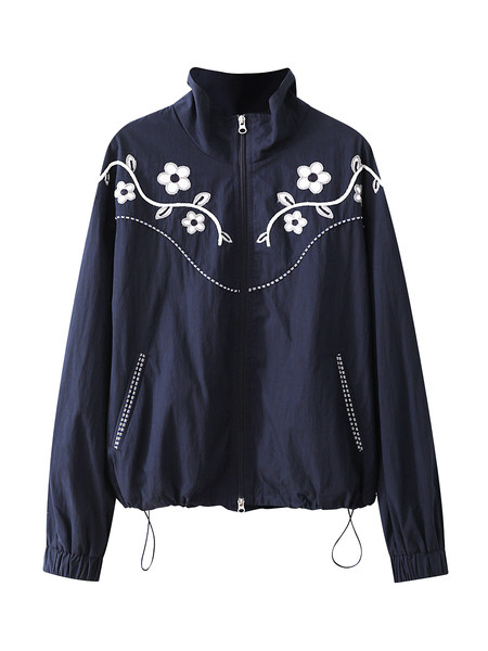 Navy zip-up jacket with floral embroidery on a white background