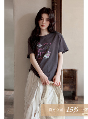 夕蒙2026新款夏季韩系好看上衣原创设计感印花深灰色圆领短袖t恤