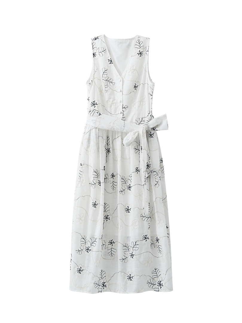 White sleeveless floral midi dress with a tie waist