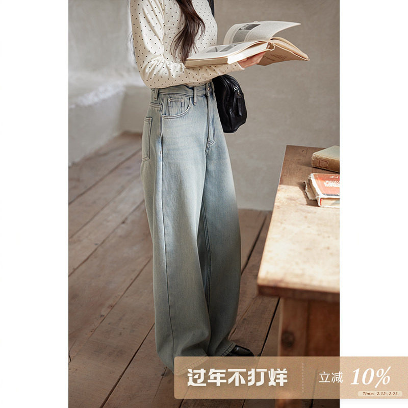 夕蒙2025新款冬季韩系气质裤子宽松阔腿裤小个子浅色加绒牛仔裤女
