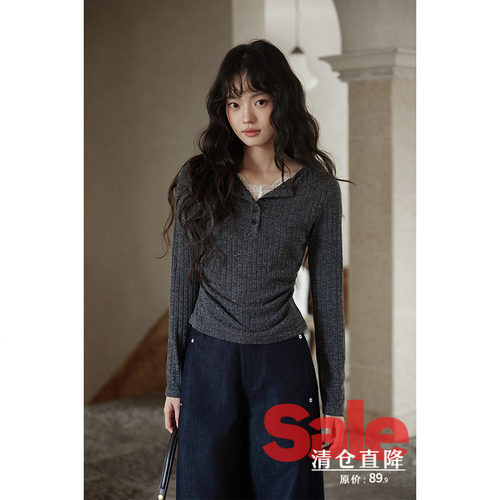 【清仓秒杀】秋韩系气质上衣小个子小众独特别致蕾丝拼接长袖t恤