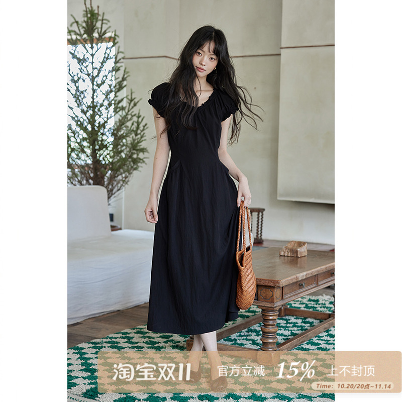 夕蒙2025新款夏韩系气质裙子小个子高级小众黑色收腰显瘦连衣裙女