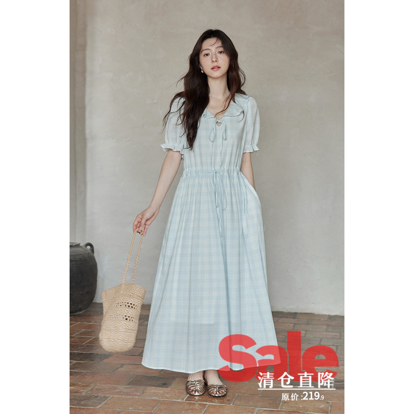 【夏末清仓】夏季韩系气质裙子学院风浅蓝色格纹娃娃领系带连衣裙