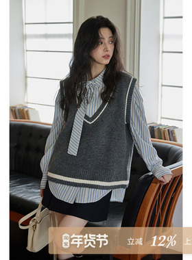 夕蒙新款春秋高级慵懒感上衣马甲小个子v领小众宽松针织衫背心女