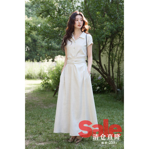 【夏末清仓】夏季韩系polo领裙子淡人高知穿搭休闲条纹收腰连衣裙