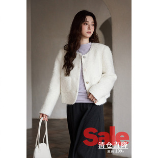 毛呢外套 秋冬韩系上衣小个子绝美小众高级感米白短款 清仓秒杀