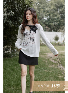 夕蒙2026新款早春韩系chic气质上衣蝴蝶结小狗印花白色u领长袖t恤