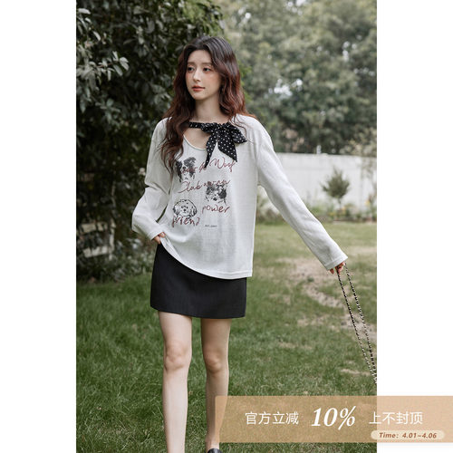 夕蒙2026新款早春韩系chic气质上衣蝴蝶结小狗印花白色u领长袖t恤
