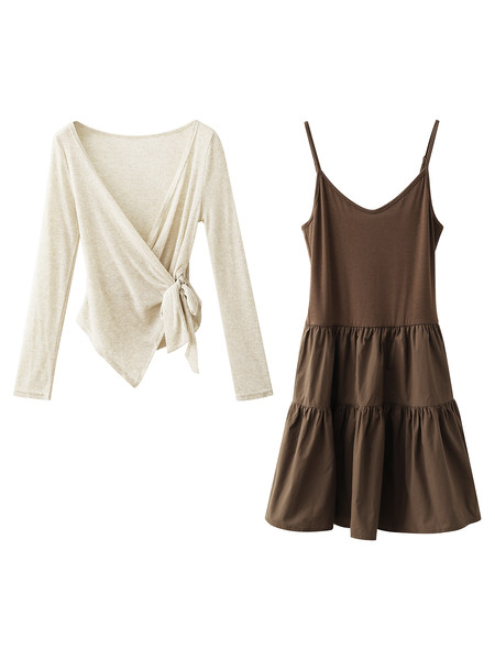Two-piece women’s outfit featuring a wrap long-sleeve top and a brown spaghetti-strap dress on a white background