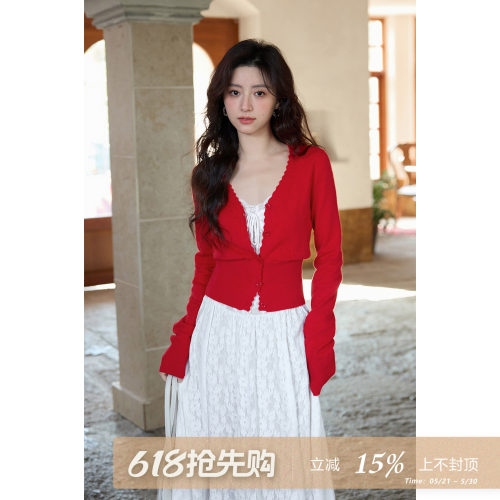 夕蒙2026新款春季韩系气质上衣小个子高级感绝美独特红色针织开衫