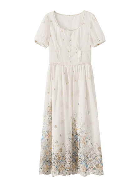 White floral short-sleeve midi dress on a plain background
