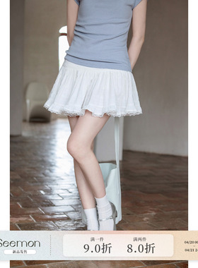 【夕蒙新品】夏季韩系防走光裙子短款白色蕾丝边蓬蓬a字半身裙女