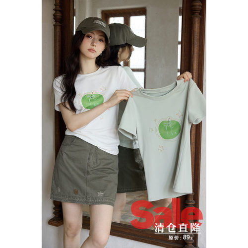 【夏末清仓】夏季韩系好看上衣休闲通勤白色圆领印花正肩短袖t恤