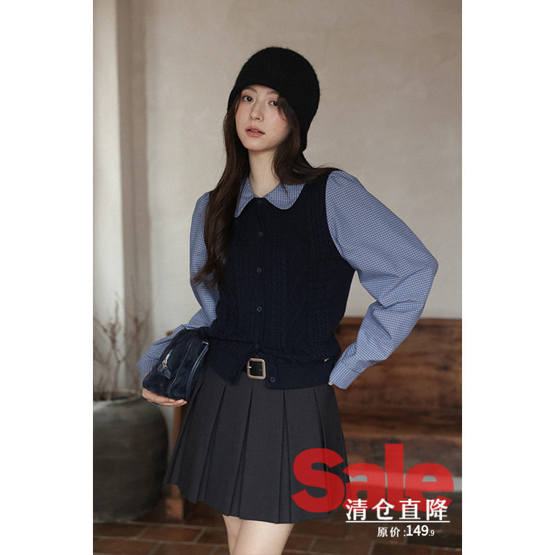 【清仓秒杀】春秋韩系气质上衣高级时尚洋气小众假两件藏蓝针织衫
