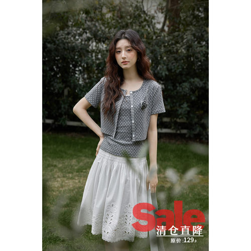 【清仓秒杀】春夏韩系chic上衣灰色波点吊带背心短袖开衫两件套装