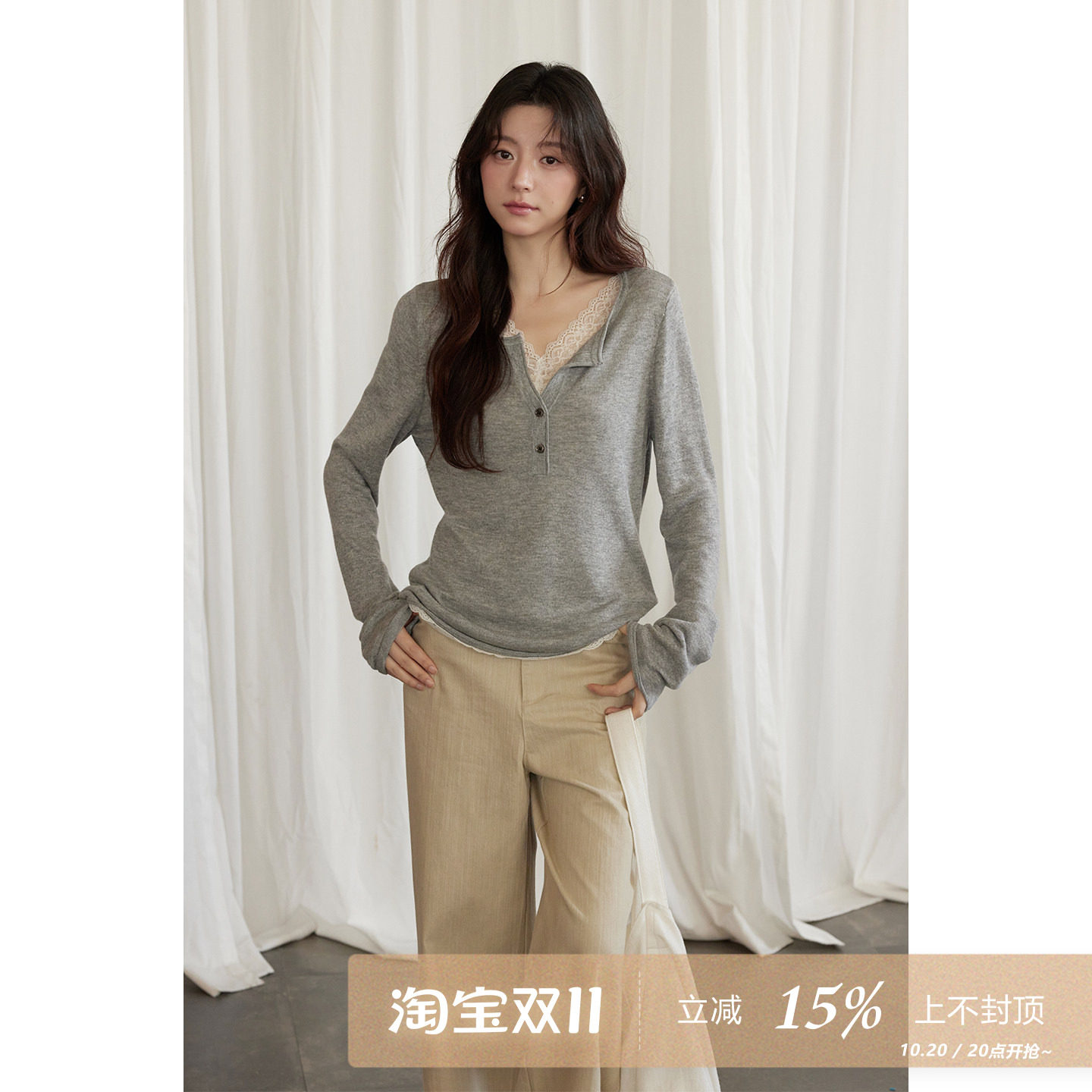 夕蒙2026新款羊毛假两件长袖上衣秋季灰色蕾丝拼接正肩v领针织衫