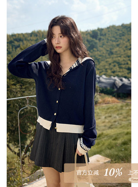 夕蒙2025新款秋季韩系独特漂亮短款上衣小众海军领藏蓝针织开衫女