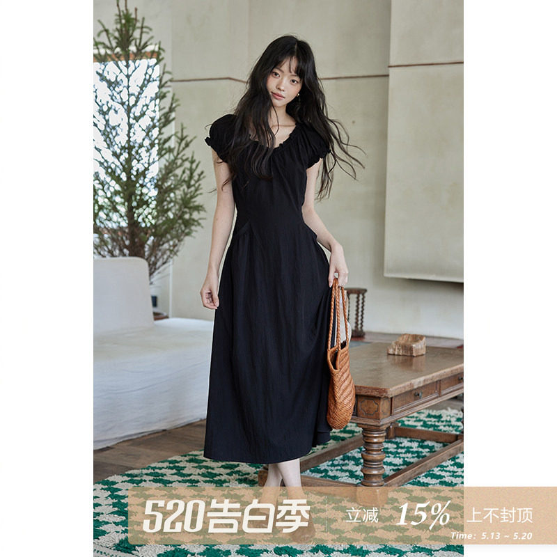 夕蒙2026新款夏韩系气质裙子小个子高级小众黑色收腰显瘦连衣裙女