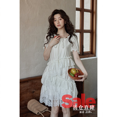【清仓秒杀】夏韩系气质温柔风小个子不规则小众泡泡袖蕾丝连衣裙
