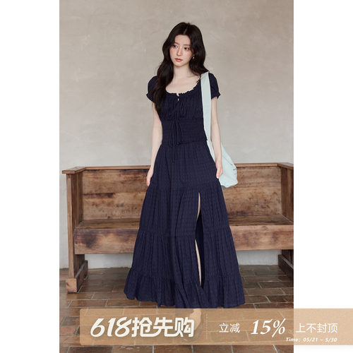 夕蒙新款夏季韩系气质绝美裙子藏蓝色方领泡泡袖长款开叉连衣裙女