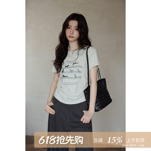 夕蒙2026新款夏季韩系好看上衣短款修身显瘦圆领印花掐腰短袖t恤