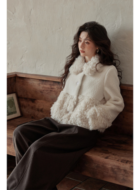 夕蒙2026新款冬季设计感小众高级感小个子羊羔毛毛领毛绒白色外套