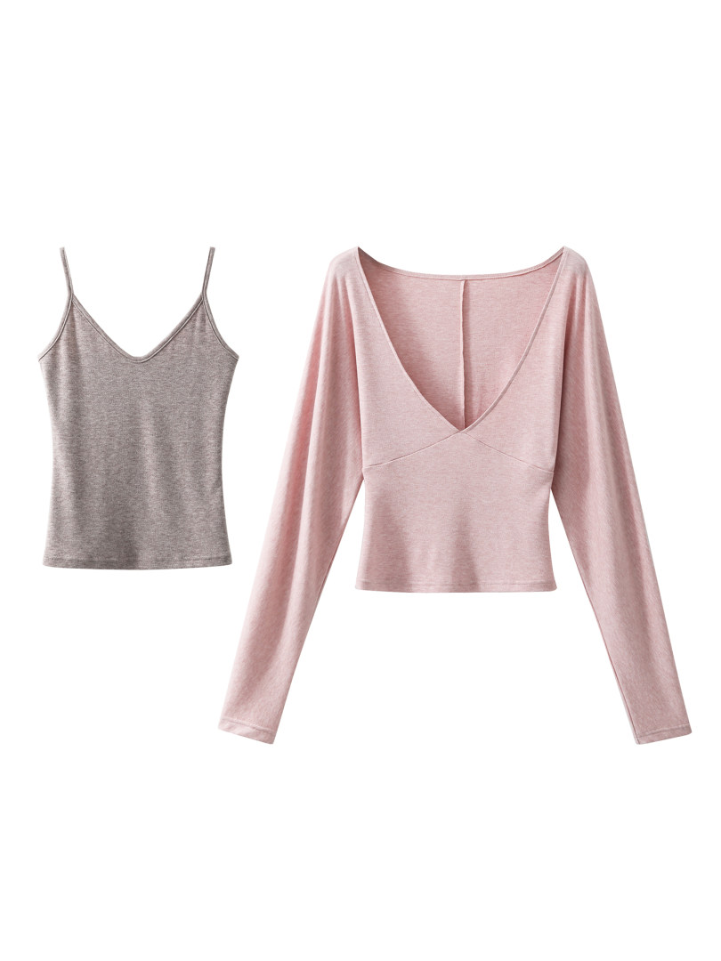 Two women's knit tops on a white background, including a camisole and a long-sleeve V-neck top.