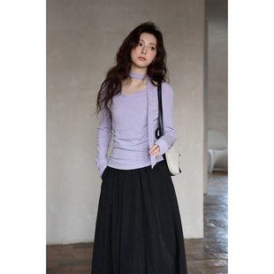 夕蒙2026新款春季韩系绝美上衣掐腰设计感小众紫色飘带长袖t恤女