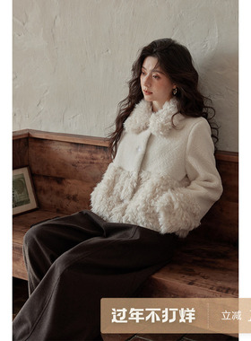 夕蒙2026新款冬季设计感小众高级感小个子羊羔毛毛领毛绒白色外套
