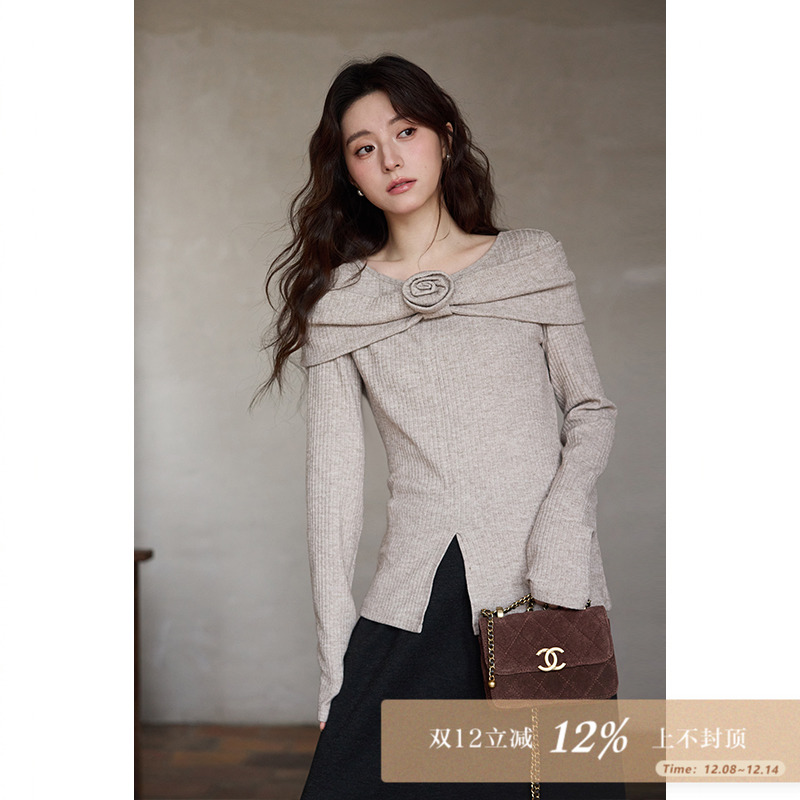 夕蒙2025新款秋冬韩系上衣设计感小众高级独特别致花朵长袖t恤女