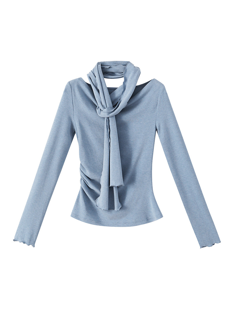 Light blue long-sleeve top with a draped scarf neckline on a white background
