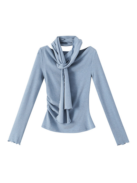 Light blue long-sleeve top with a draped scarf neckline on a white background