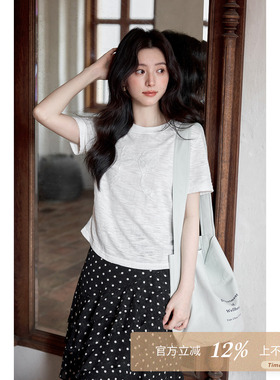 夕蒙2026新款夏季韩系独特上衣镂空设计感圆领蝴蝶结白色短袖t恤