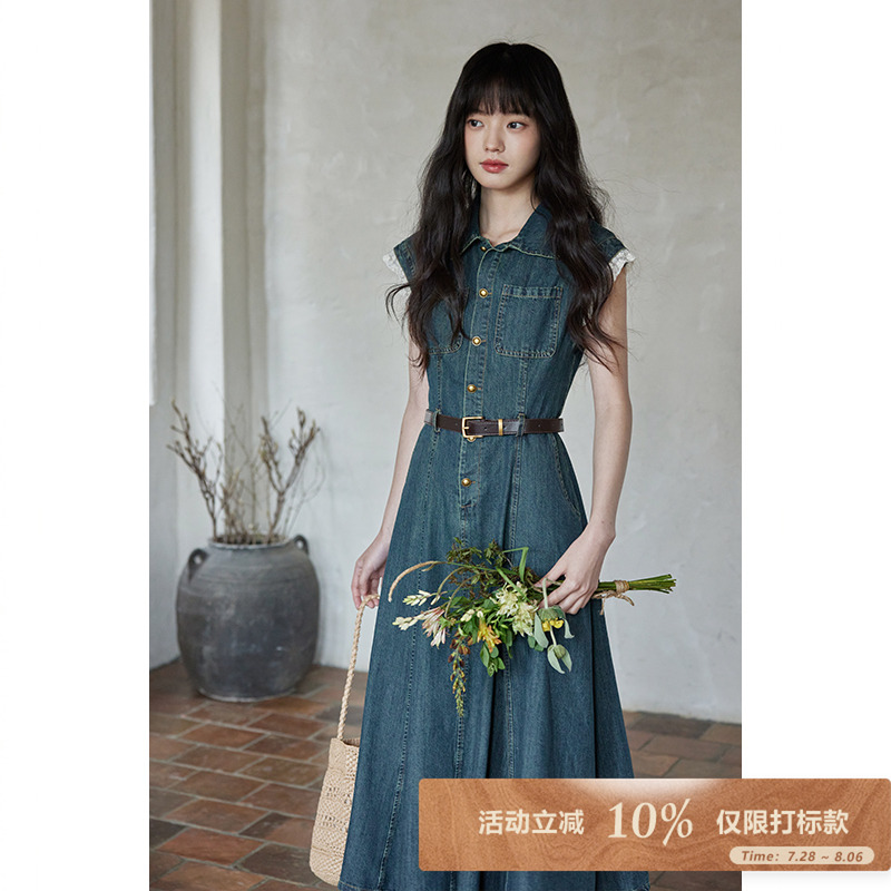 夕蒙2025新款夏气质裙子独特别致小众高级小个子复古牛仔连衣裙女