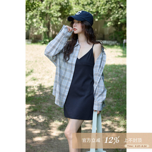 夕蒙2026新款夏季韩系好看气质上衣通勤宽松蓝色格纹防晒衬衫外套