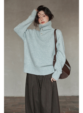 夕蒙2026新款冬季韩系慵懒风宽松小个子软糯独特漂亮蓝色高领毛衣