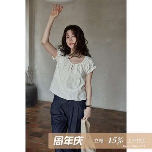 夕蒙2026新款夏法式独特上衣别致减龄小衫小个子小众刺绣短款衬衫