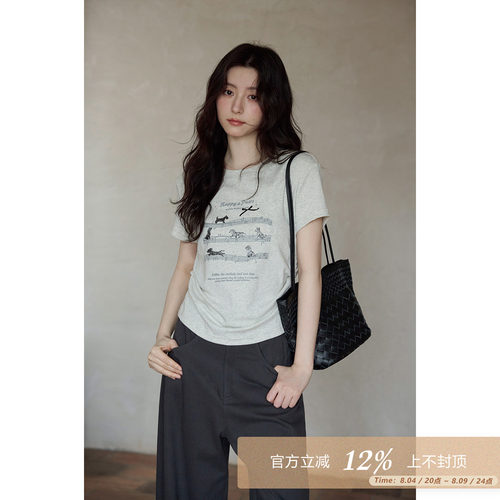夕蒙2026新款夏季韩系好看上衣短款修身显瘦圆领印花掐腰短袖t恤
