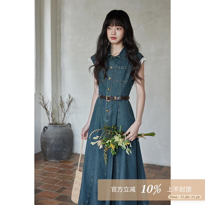 夕蒙2025新款夏气质裙子独特别致小众高级小个子复古牛仔连衣裙女