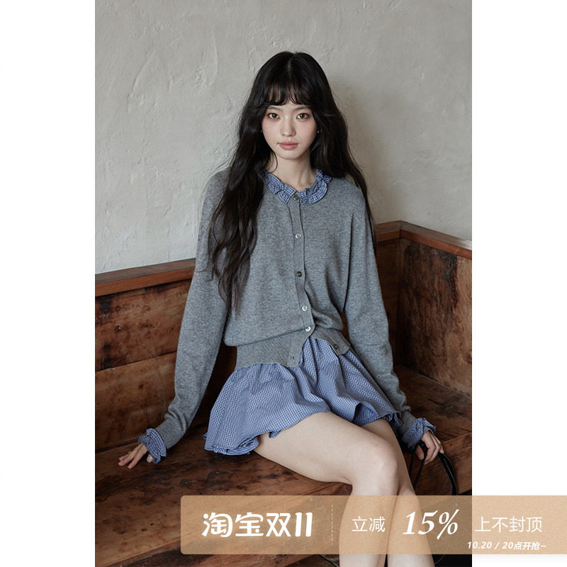 夕蒙2026新款秋季韩系撞色木耳领上衣学院风灰色拼接长袖针织t恤