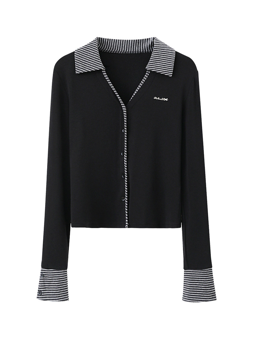 Black long-sleeve button-up shirt with striped collar and cuffs laid flat on a white background