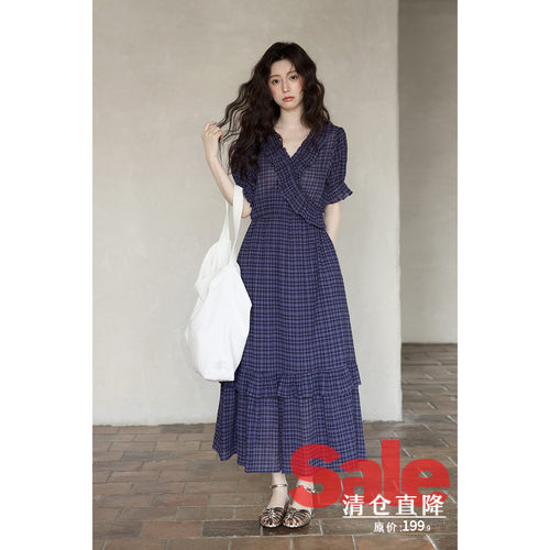 【夏末清仓】夏季韩系海边丁达尔裙子蓝色木耳边v领格纹连衣裙女