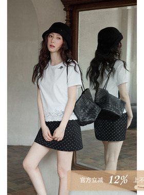 夕蒙2026新款夏季韩系独特气质上衣白色绣花蕾丝边正肩短袖t恤女