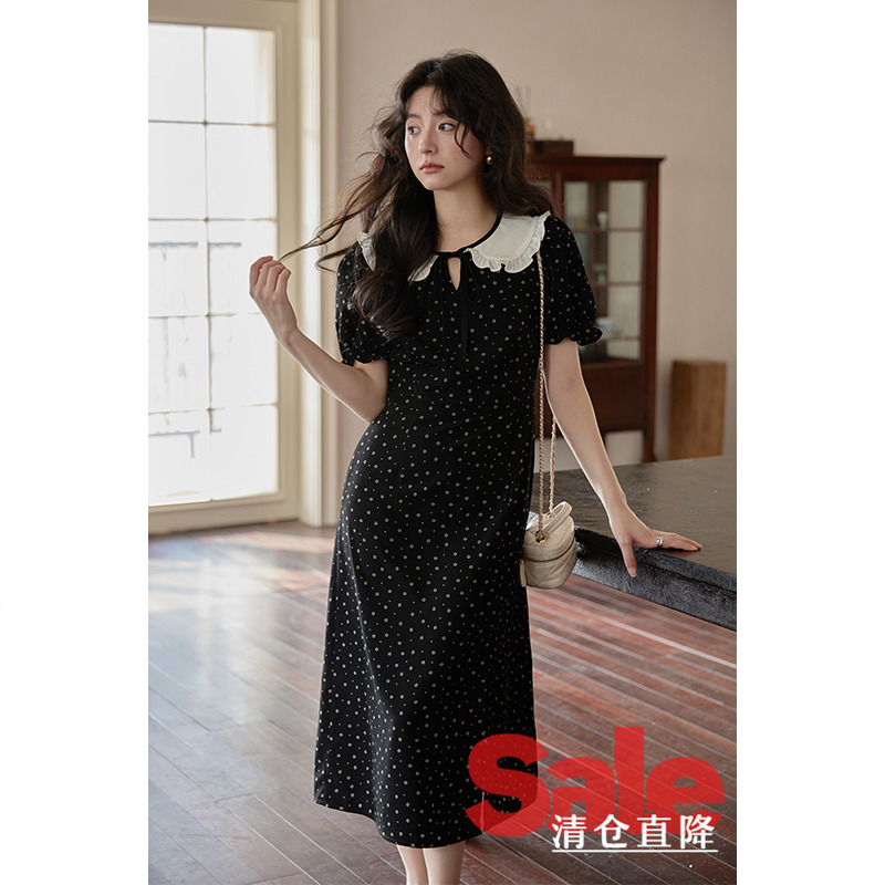 【清仓秒杀】春夏法式设计感小众娃娃领黑色赫本风小个子连衣裙女