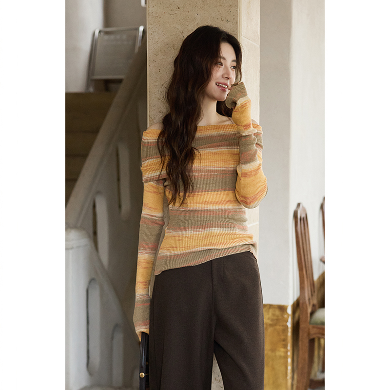 夕蒙2025新款秋绝美巨好看上衣小个子独特修身高级橘色条纹针织衫