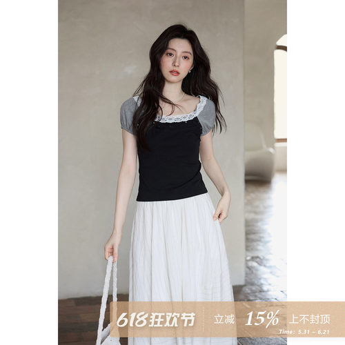 夕蒙2026新款夏季韩系假两件上衣设计感拼接蕾丝短款正肩短袖t恤