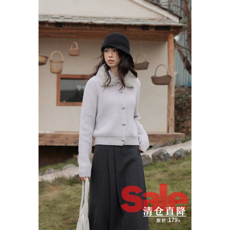 【清仓秒杀】冬季韩系针织衫上衣小个子慵懒宽松紫色毛领开衫毛衣