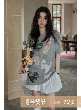 夕蒙2025新款春夏短袖宽松中长款小个子灰色设计感小众t恤上衣女