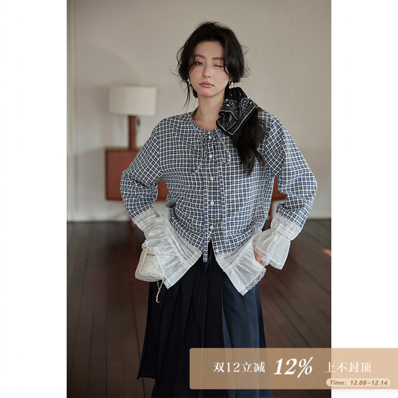 夕蒙2025秋季韩系上衣蕾丝拼接设计感小众气质蓝色格子长袖衬衫女